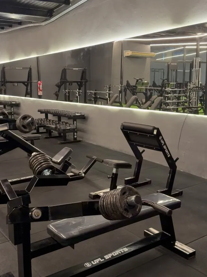 Zona de máquinas de musculación con espejo de pared en Black Gym